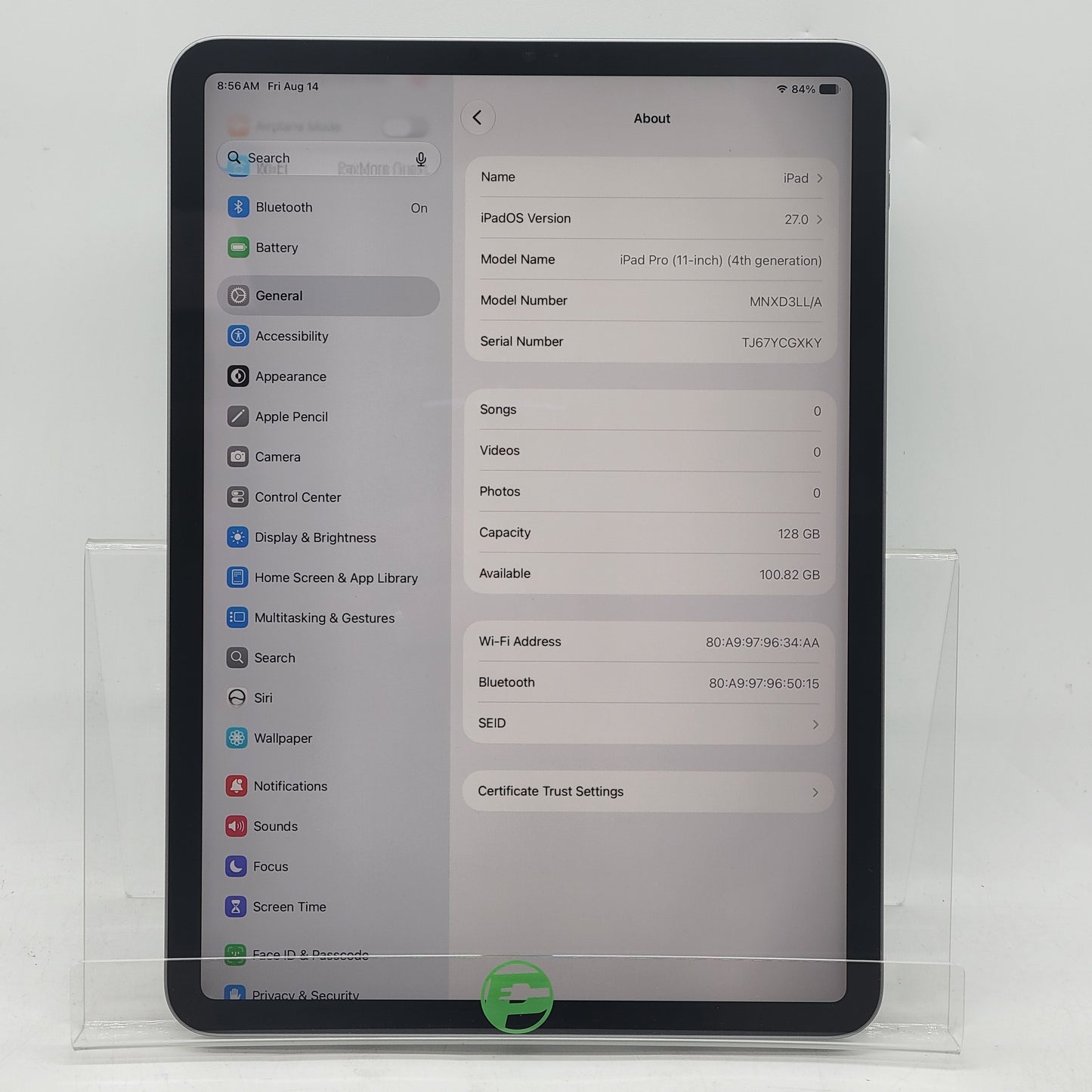 WiFi Only Apple iPad Pro 11" 4th Gen 128GB Space Gray MNXD3LL/A