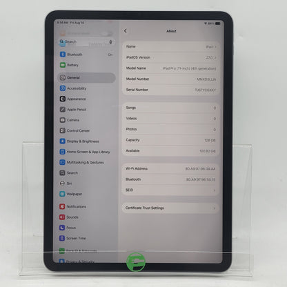 WiFi Only Apple iPad Pro 11" 4th Gen 128GB Space Gray MNXD3LL/A