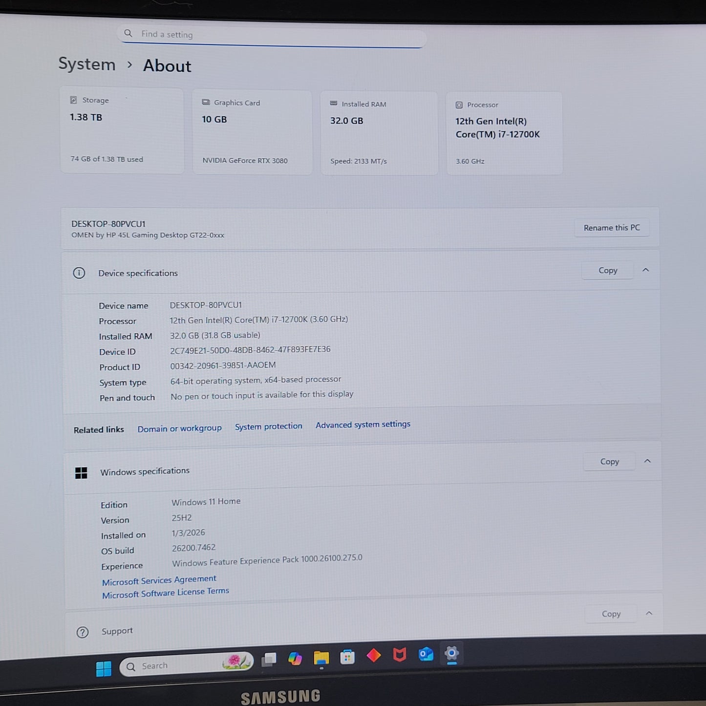 HP Omen 45L 80PVCU1 Core i7-12700K 3.60GHz 32GB RAM 512GB SSD 1TB HDD RTX 3080