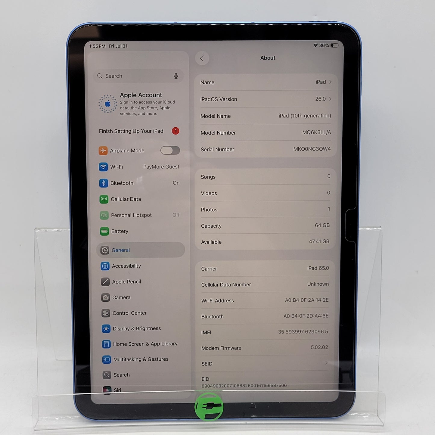 Factory Unlocked Apple iPad 10th Gen 64GB Blue MQ6K3LL/A