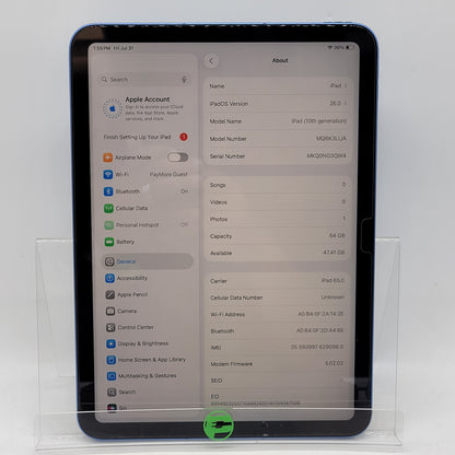 Factory Unlocked Apple iPad 10th Gen 64GB Blue MQ6K3LL/A