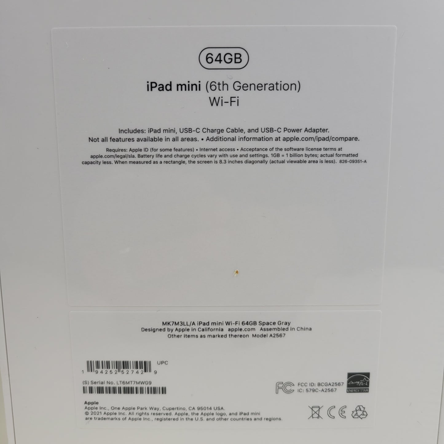 New WiFi Only Apple iPad Mini 6th Gen 64GB Space Gray MK7R3LL/A