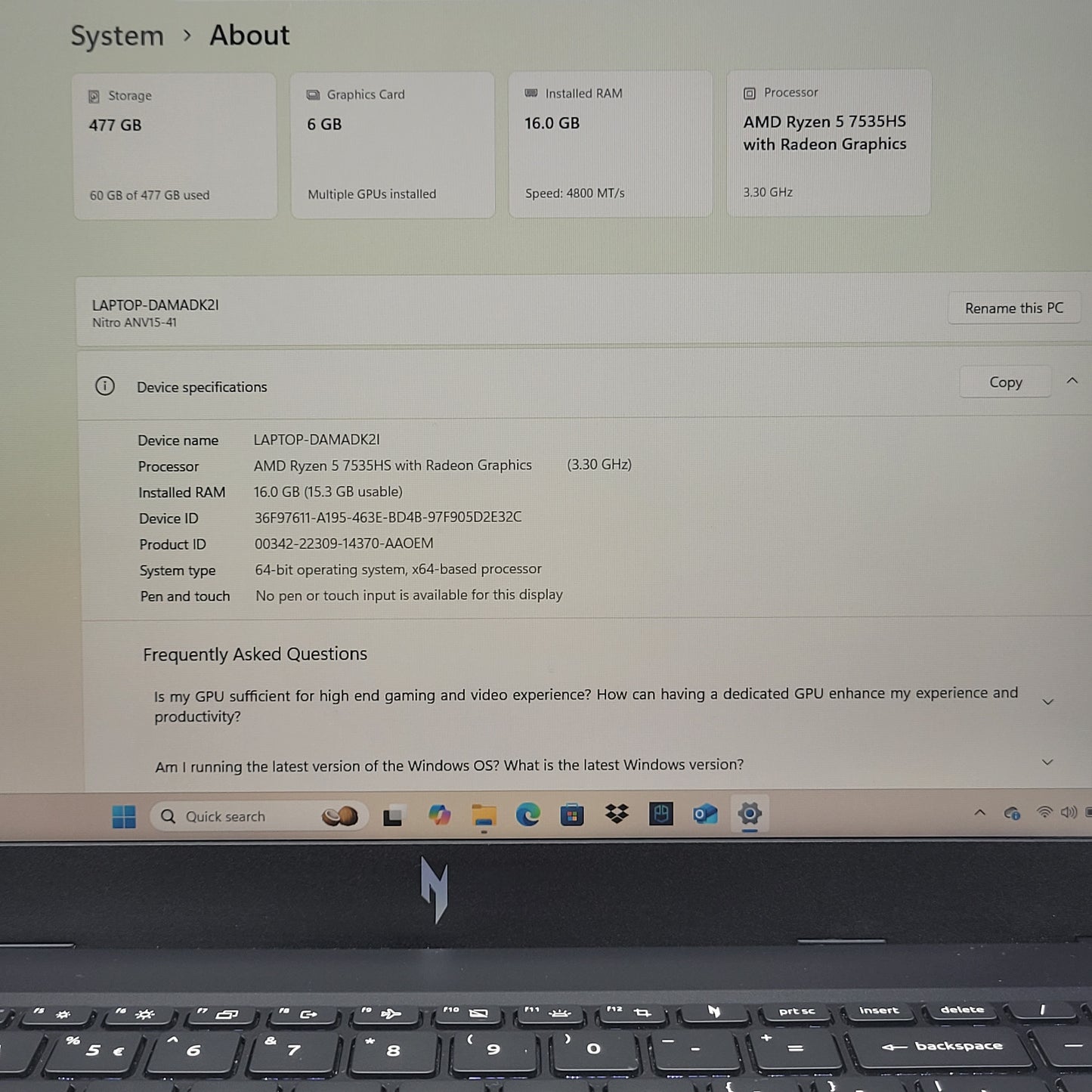 Acer Nitro V 15 AMD Ryzen 5 7535HS 16GB RAM 512GB SSD GeForce RTX 4050