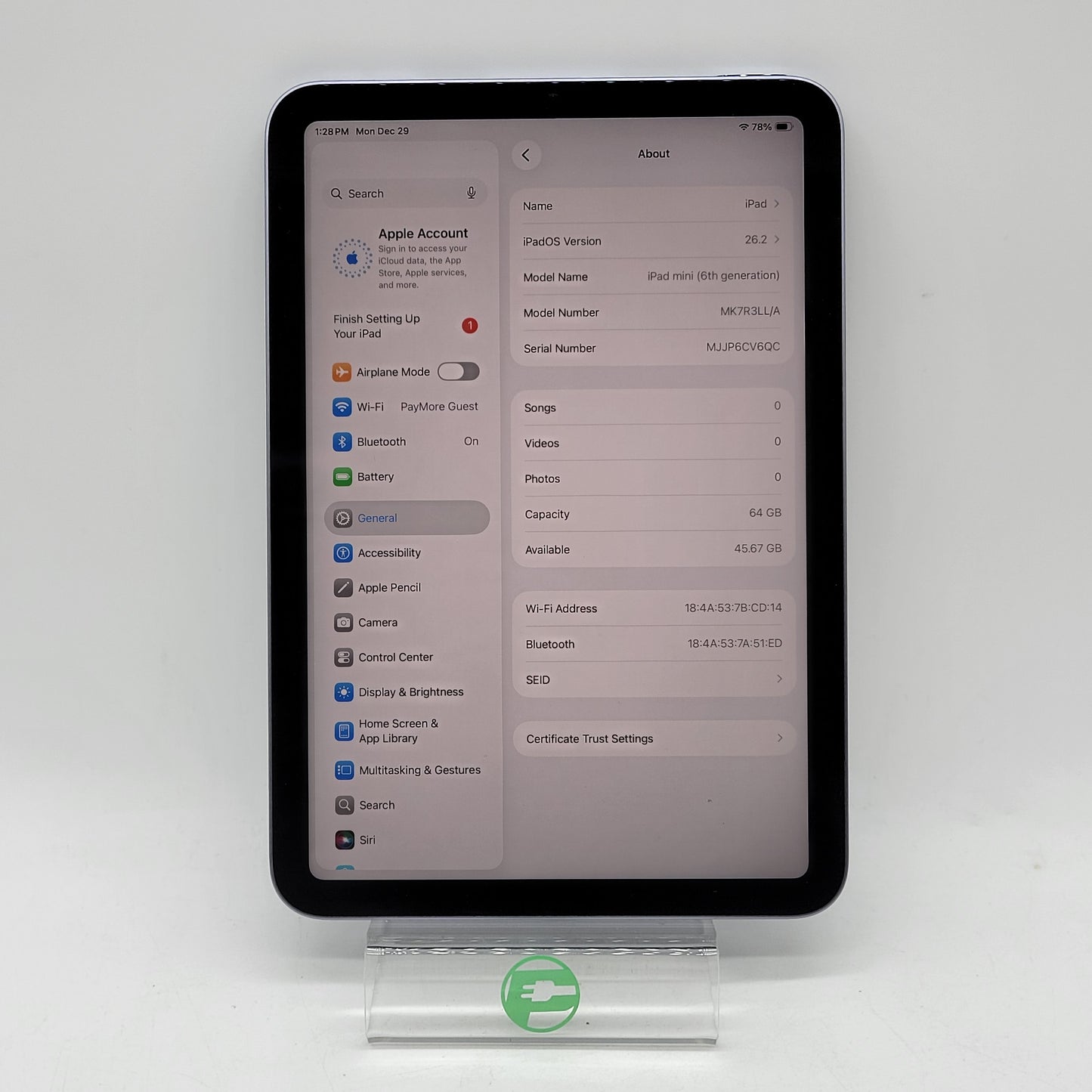 WiFi Only Apple iPad Mini 6th Gen 64GB Purple MK7R3LL/A