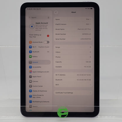 WiFi Only Apple iPad mini (A17 Pro) 128GB Purple MXN93LL/A