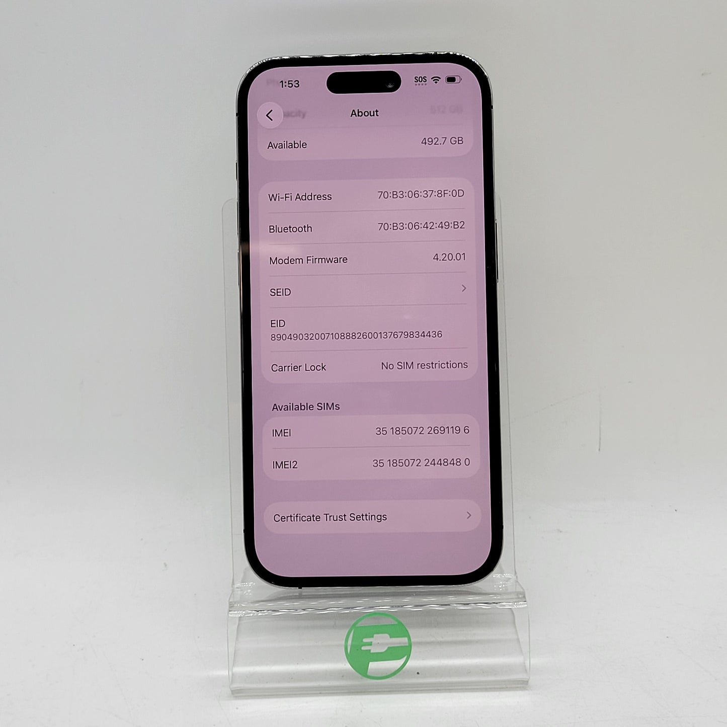 Factory Unlocked Apple iPhone 14 Pro 512GB Deep Purple MQ283VC/A