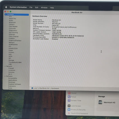 2022 Apple MacBook Air 13.6" M2 8 Core 3.5GHz 16GB RAM 256GB SSD A2681