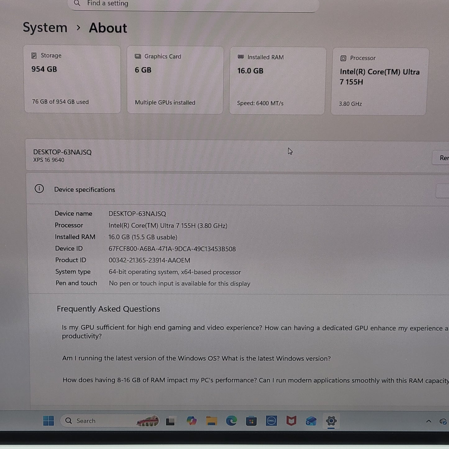 Dell XPS 9640 P129F 16" Core Ultra 7 155H 3.8GHz 16GB RAM 1TB SSD RTX 4050