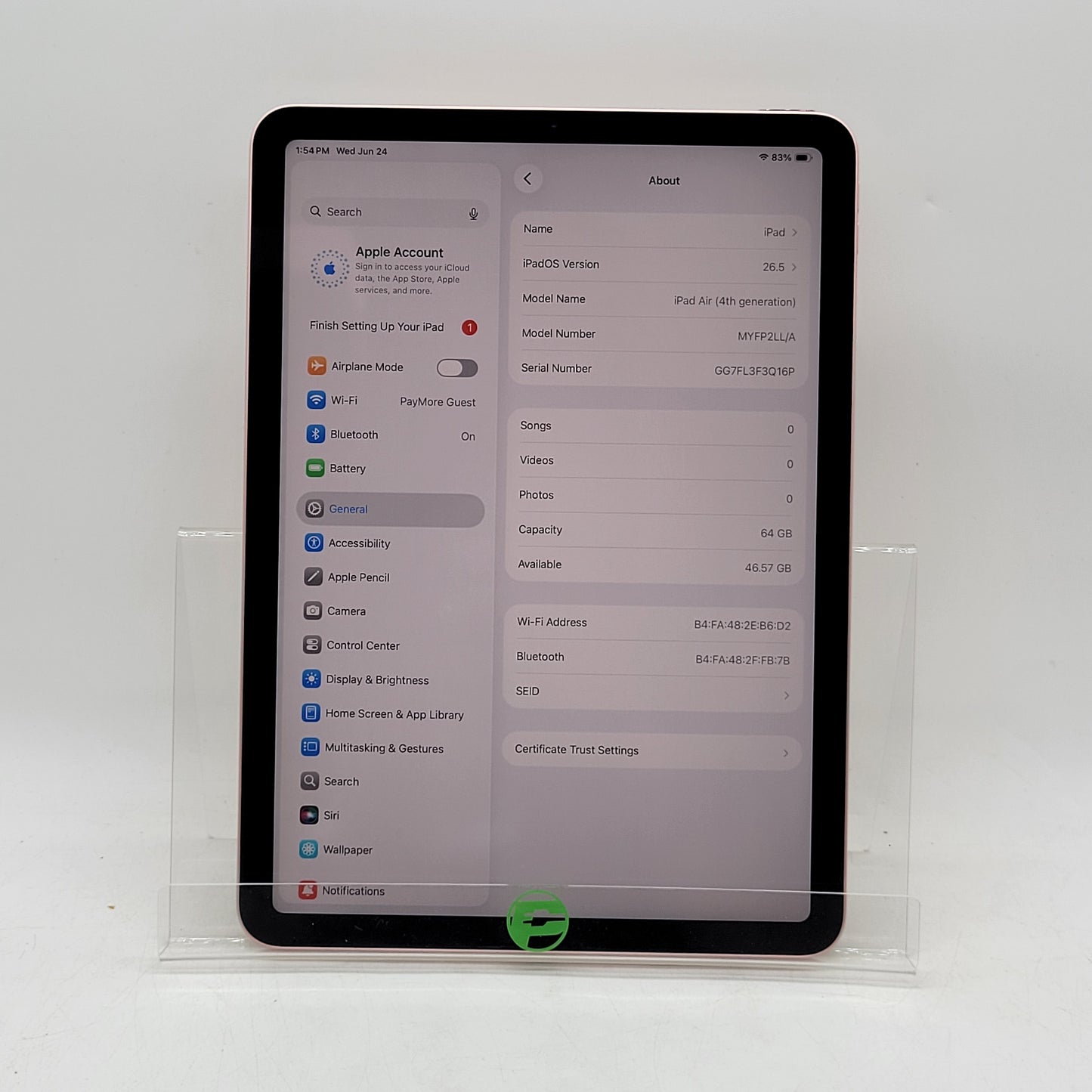 WiFi Only Apple iPad Air 4th Gen 64GB Rose Gold MYFP2LL/A