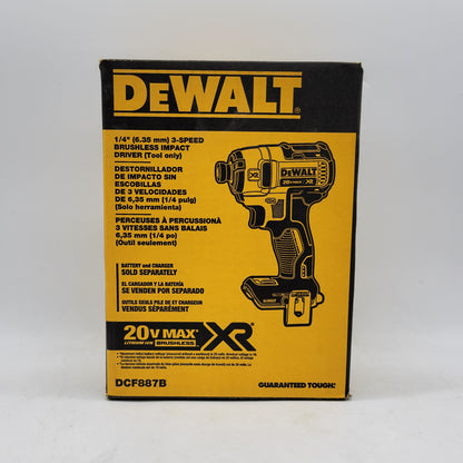 New DeWalt DCF887B 20V MAX 1/4" 3-Speed Brushless Impact Driver Tool Only