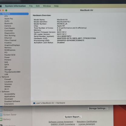 2020 Apple MacBook Air 13.3" M1 7C GPU 3.2GHz 8GB RAM 256GB SSD A2337