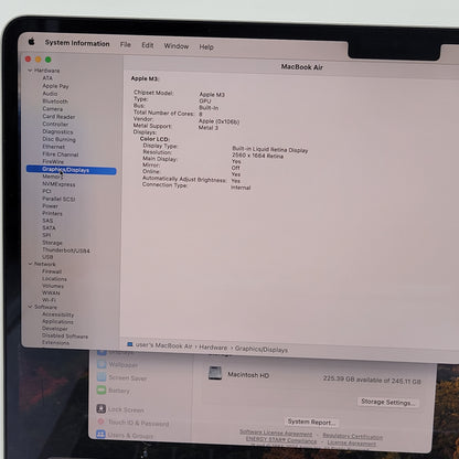 2024 Apple MacBook Air 13.6" M3 8C GPU 4.0GHz 16GB RAM 256GB SSD A3113
