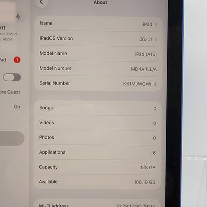 WiFi Only Apple iPad 11" (A16) 128GB Blue MD4A4LL/A