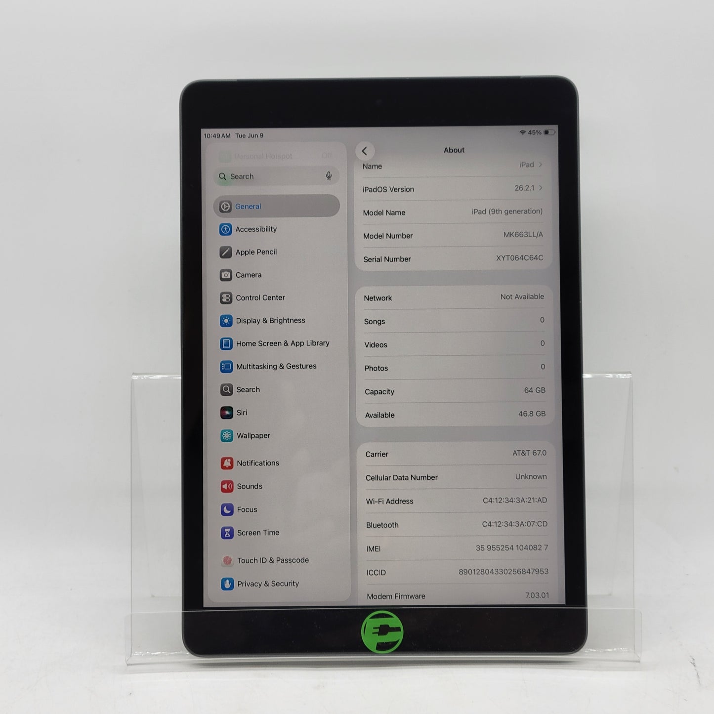 WiFi Only Apple iPad 9th Gen 64GB Space Gray MK663LL/A