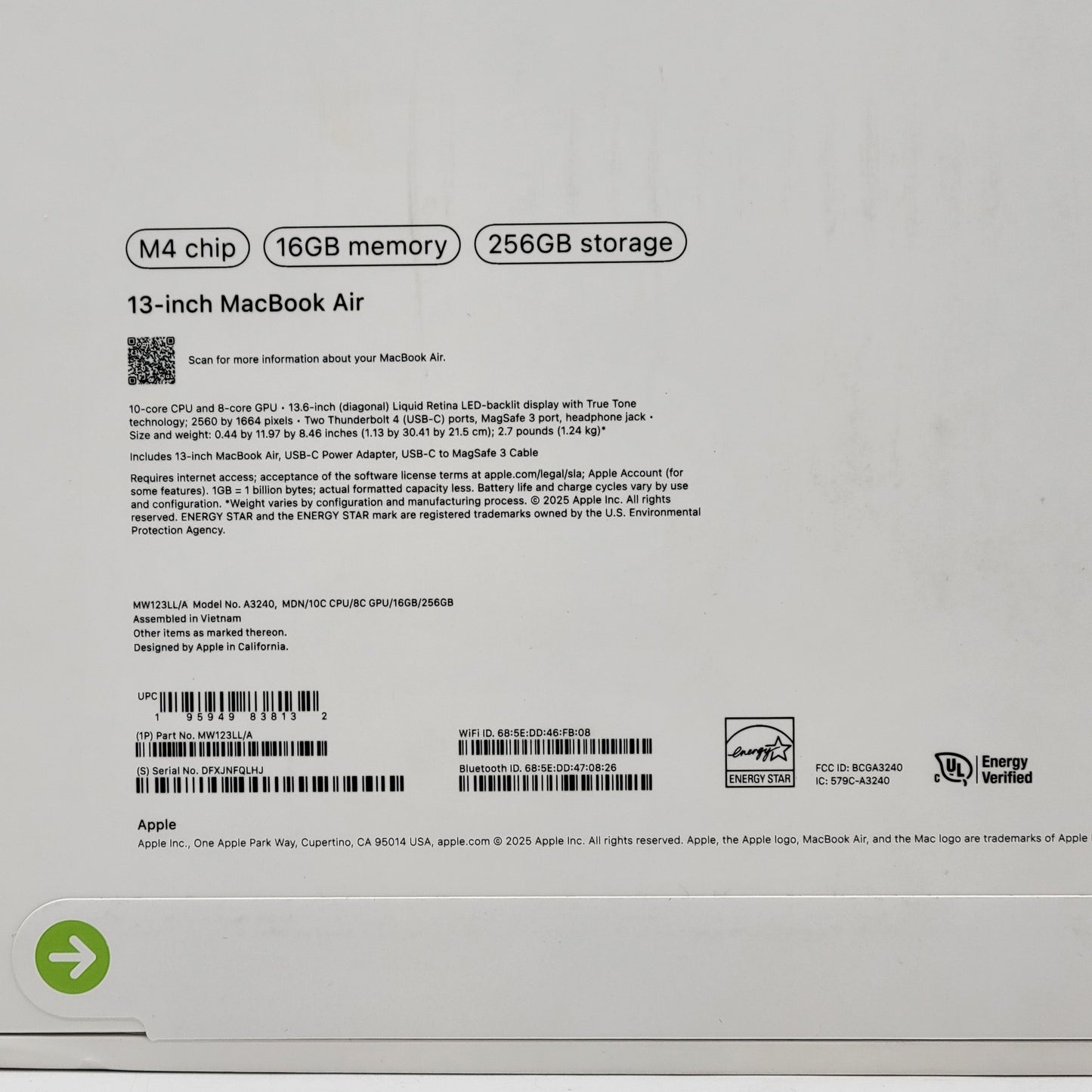 New 2025 Apple MacBook Air 13.6" M4 8C GPU 4.5GHz 16GB RAM 256GB SSD A3240