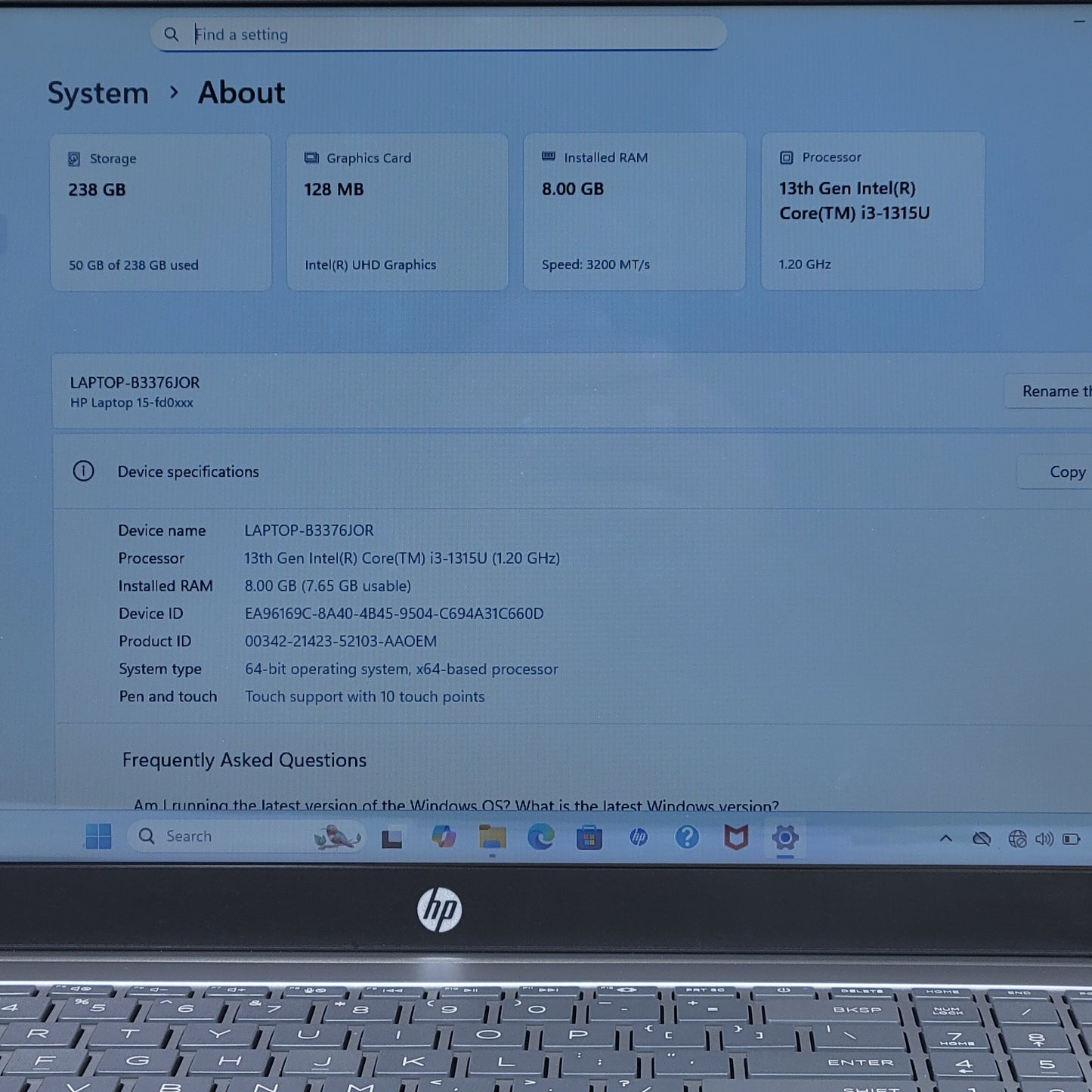 HP Laptop 15-FD0123DX 15.6" i3-1315U 2.1GHz 8GB RAM 256GB SSD