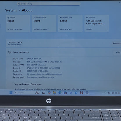 HP Laptop 15-FD0123DX 15.6" i3-1315U 2.1GHz 8GB RAM 256GB SSD