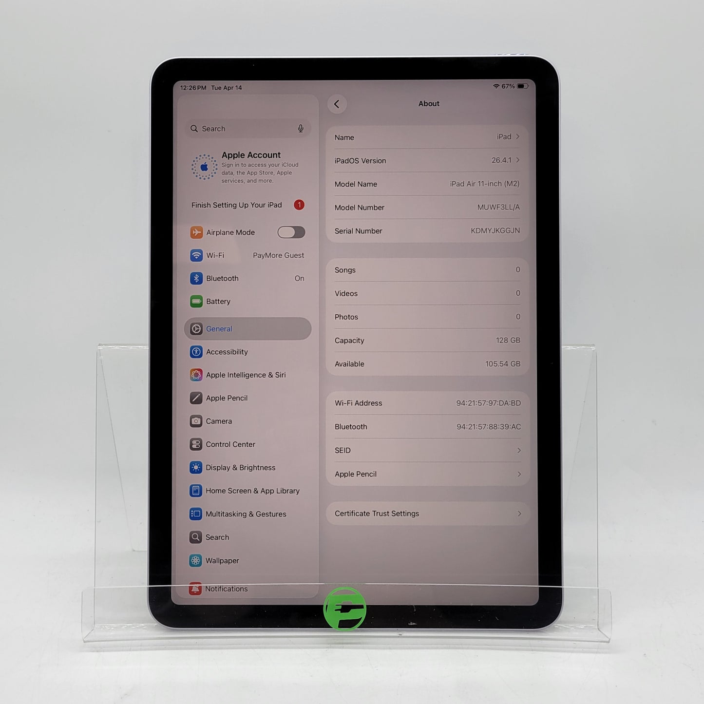 WiFi Only Apple iPad Air 11" M2 128GB Purple MUWF3LL/A