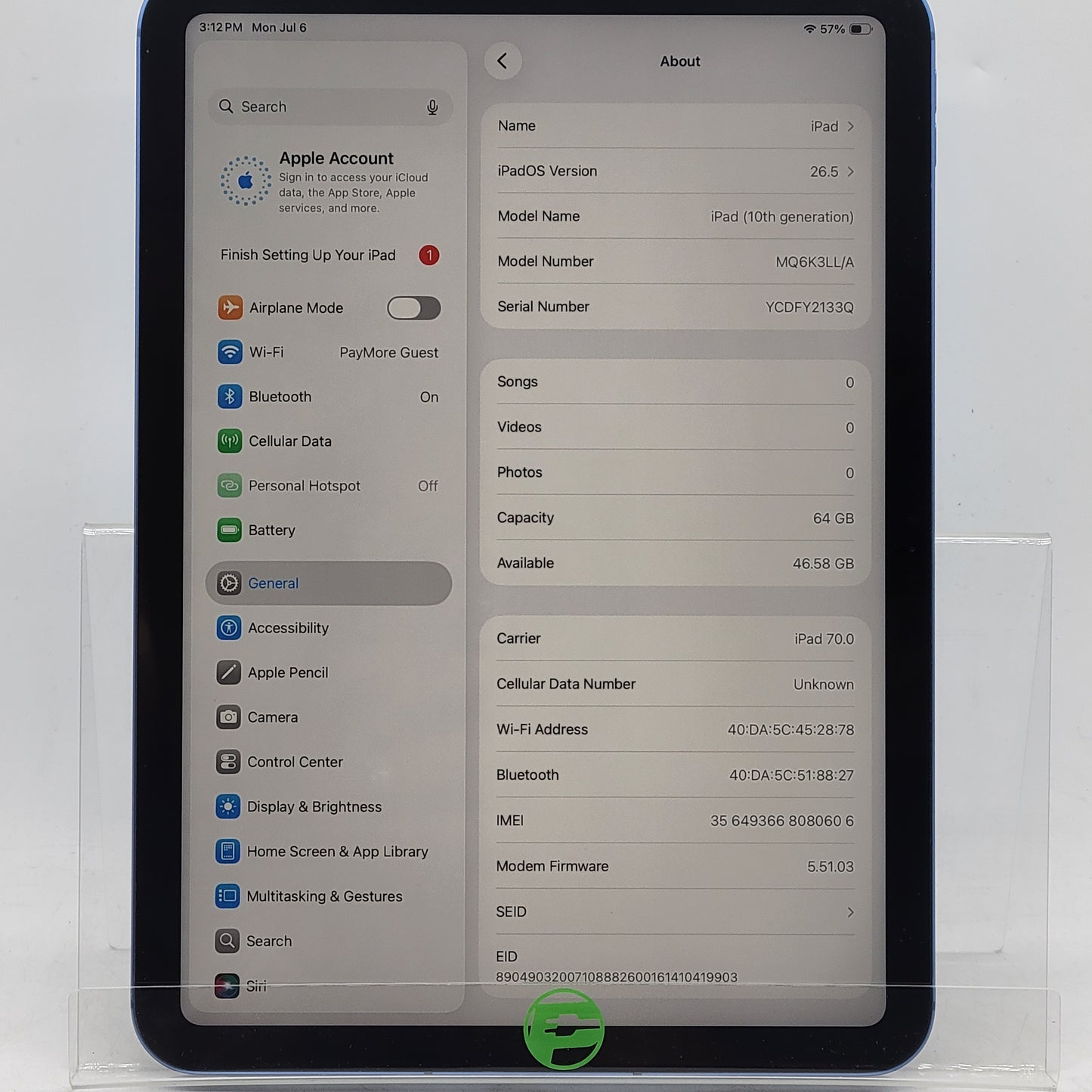 Factory Unlocked Apple iPad 10th Gen 64GB Blue MQ6K3LL/A