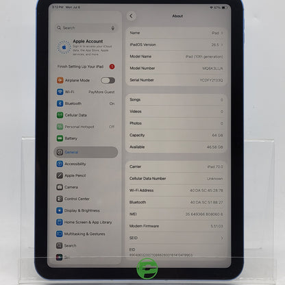 Factory Unlocked Apple iPad 10th Gen 64GB Blue MQ6K3LL/A