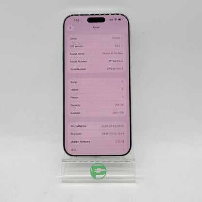 Factory Unlocked Apple iPhone 16 Pro Max 256GB White MYW43LL/A