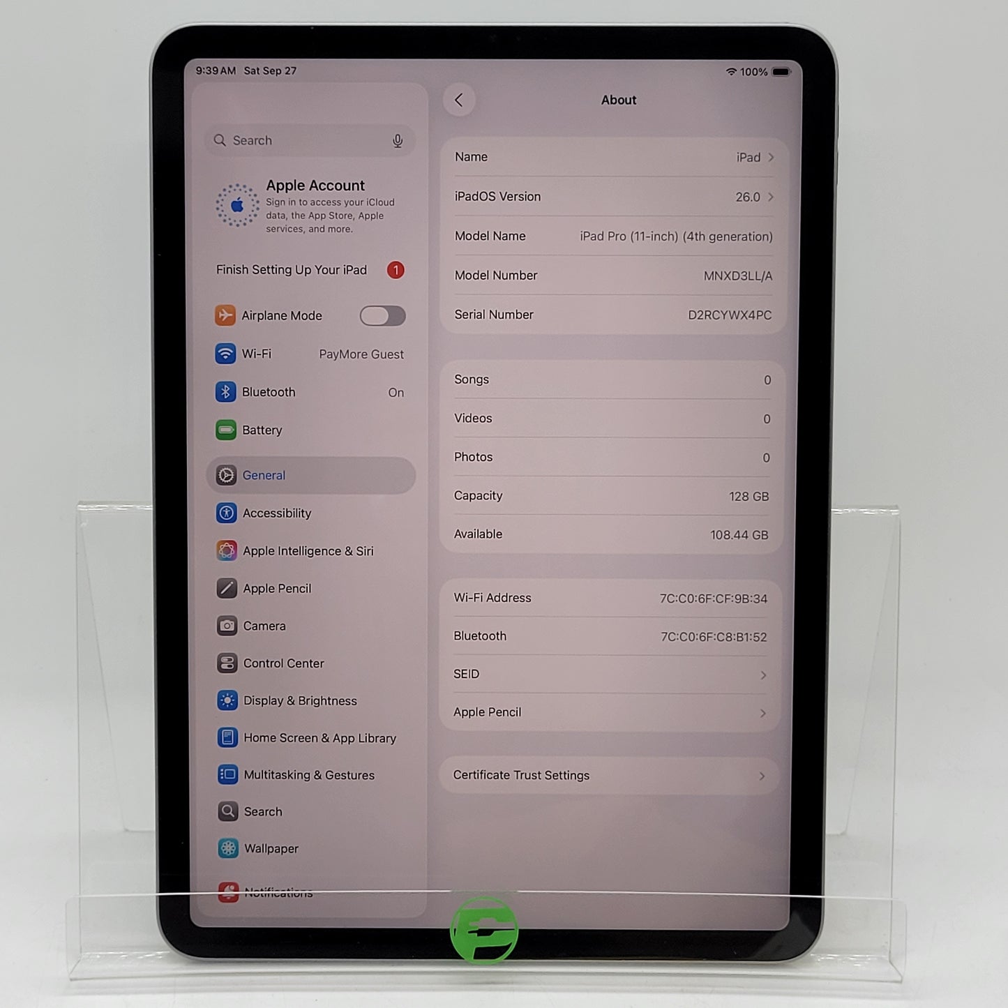 WiFi Only Apple iPad Pro 11" 4th Gen 128GB Space gray MNXD3LL/A With Pencil