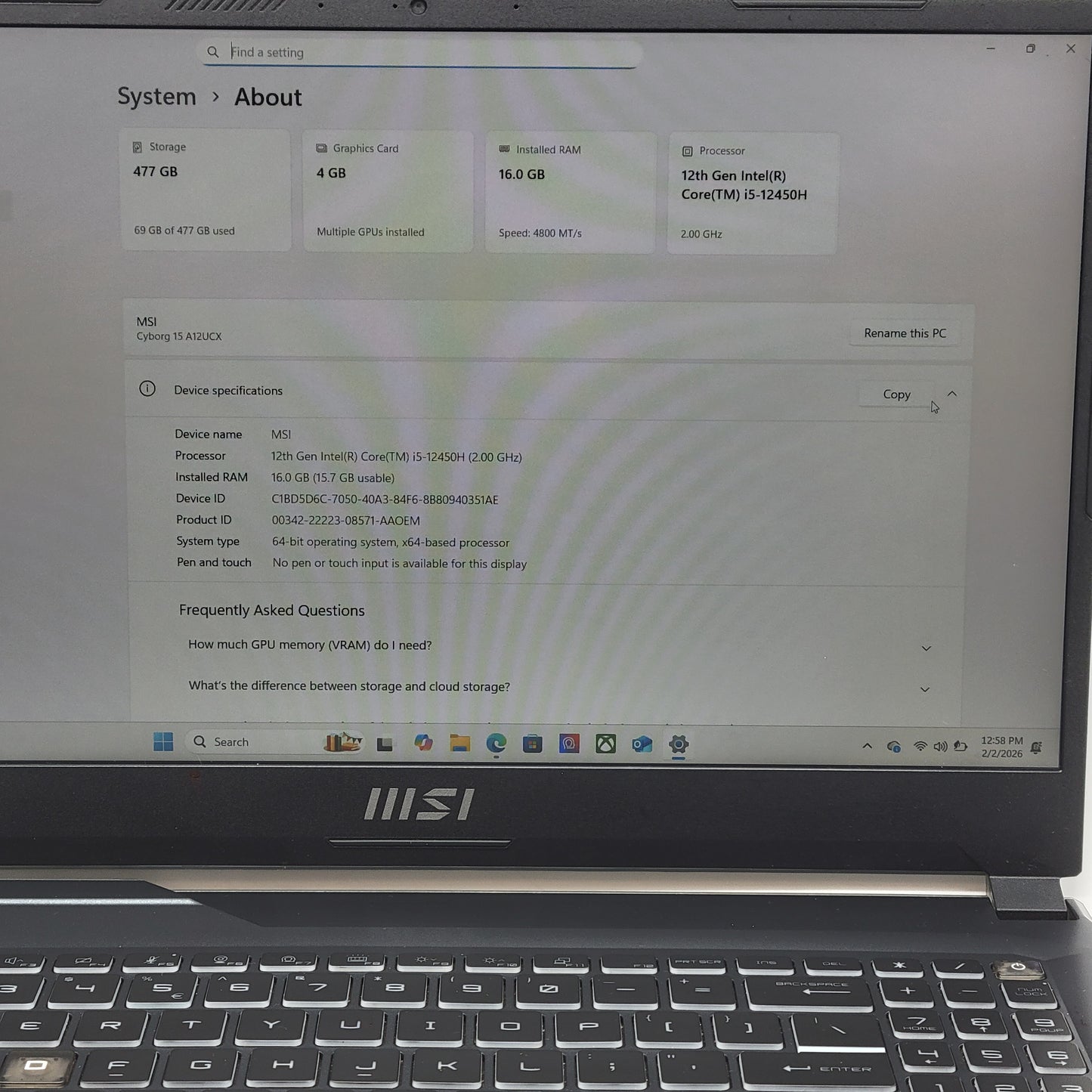 MSI Cyborg 15 A12UCX 15.6" i5-12450H 2.0GHz 16GB RAM 512GB SSD GeForce RTX 2050