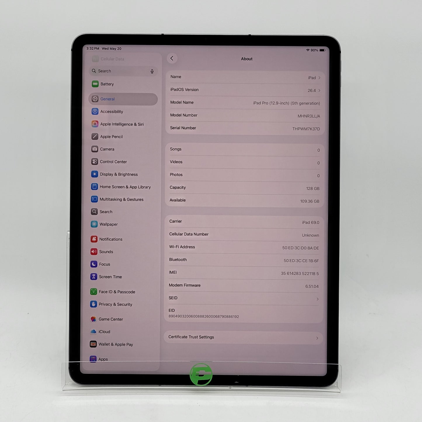 Factory Unlocked Apple iPad Pro 12.9" 5th Gen 128GB Space Gray MHNR3LL/A