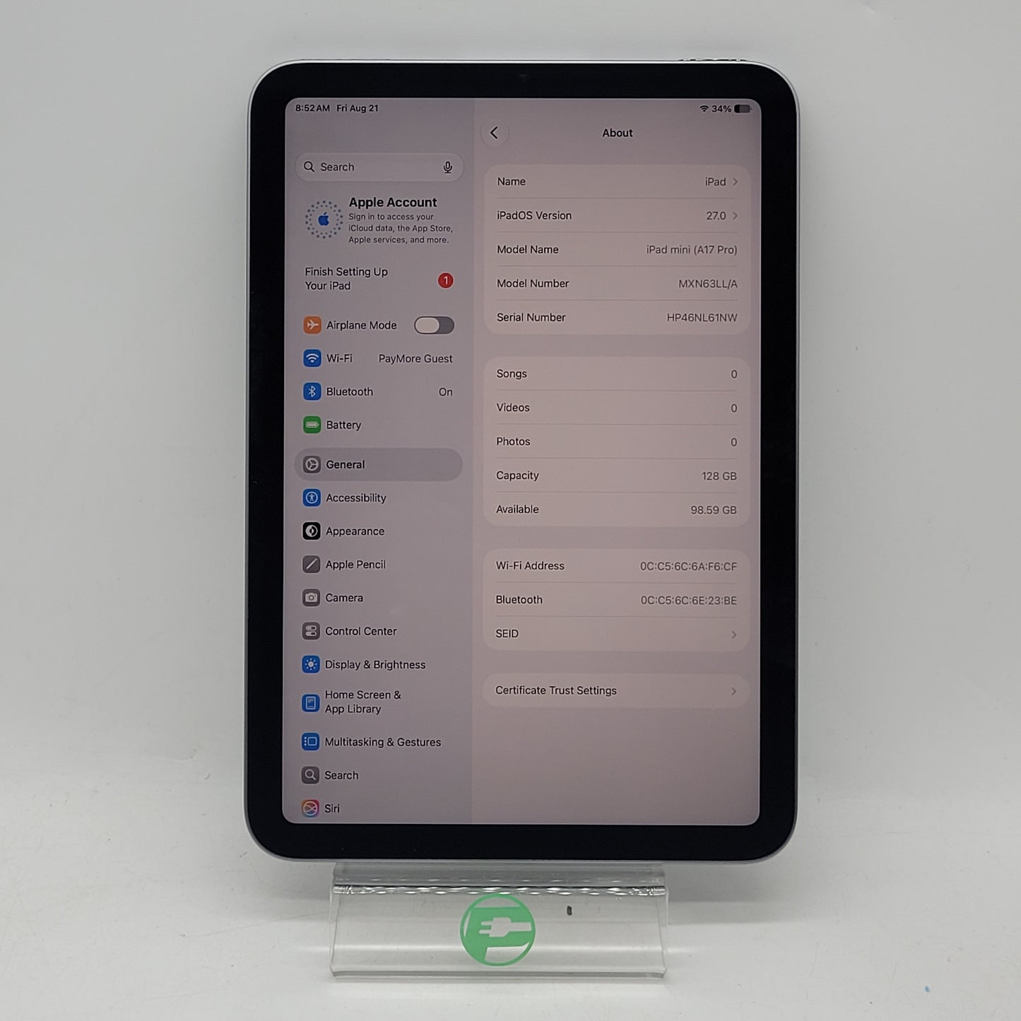 WiFi Only Apple iPad Mini (A17 Pro) 128GB Space Gray MXN63LL/A