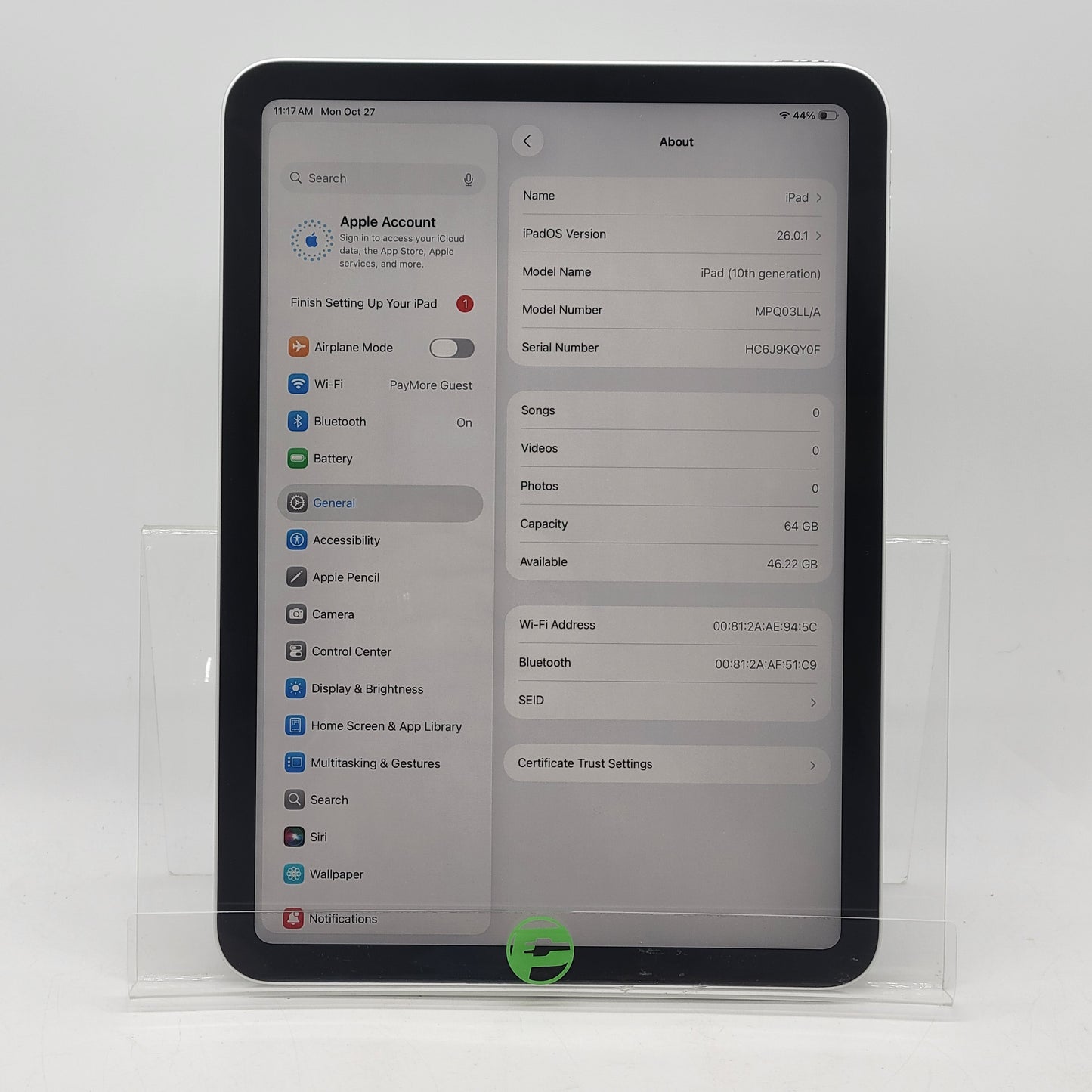 WiFi Only Apple iPad 10th Gen 64GB Silver MPQ03LL/A