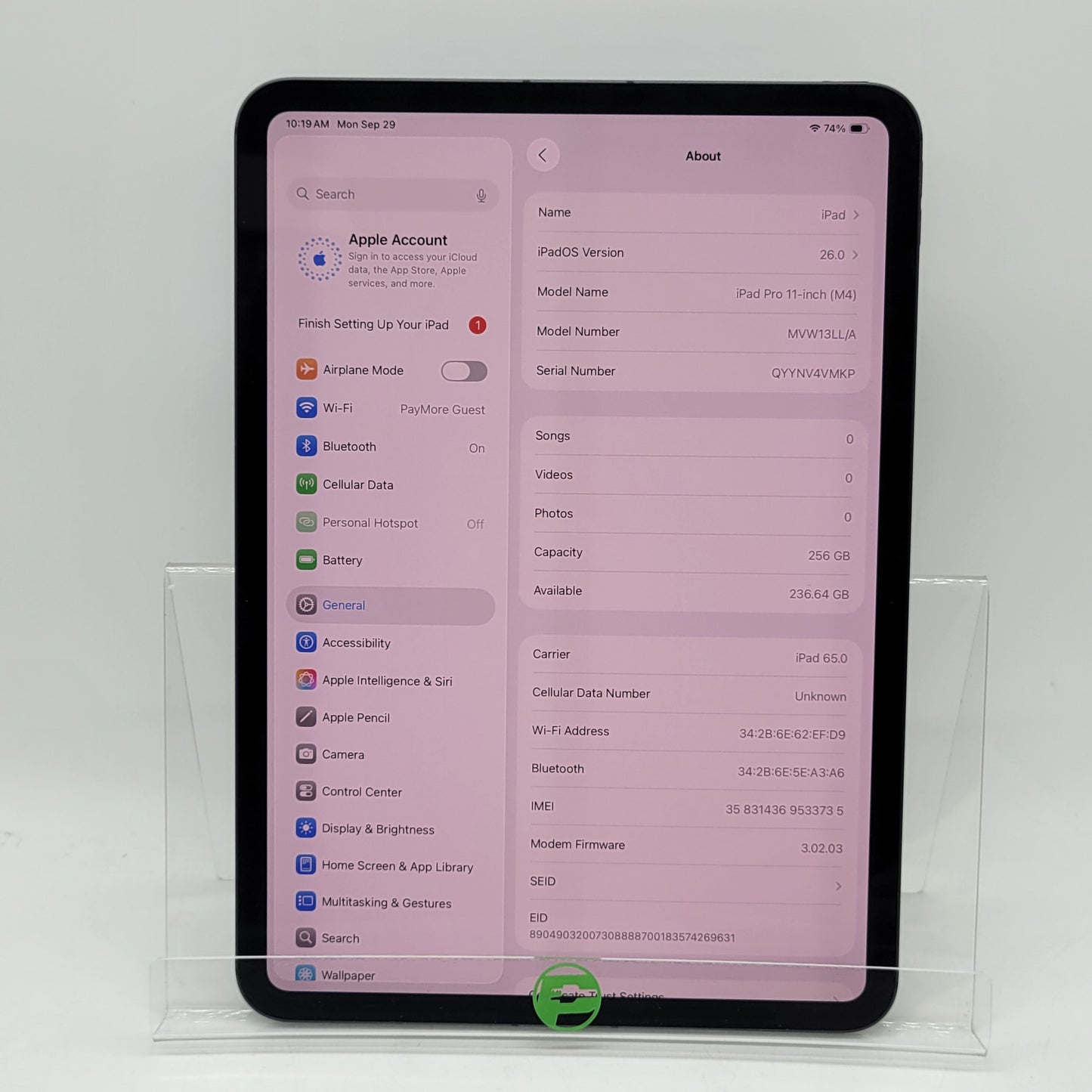 Factory Unlocked Apple iPad Pro 11" M4 256GB Space Black MVW13LL/A