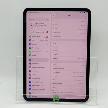 Factory Unlocked Apple iPad Pro 11" M4 256GB Space Black MVW13LL/A