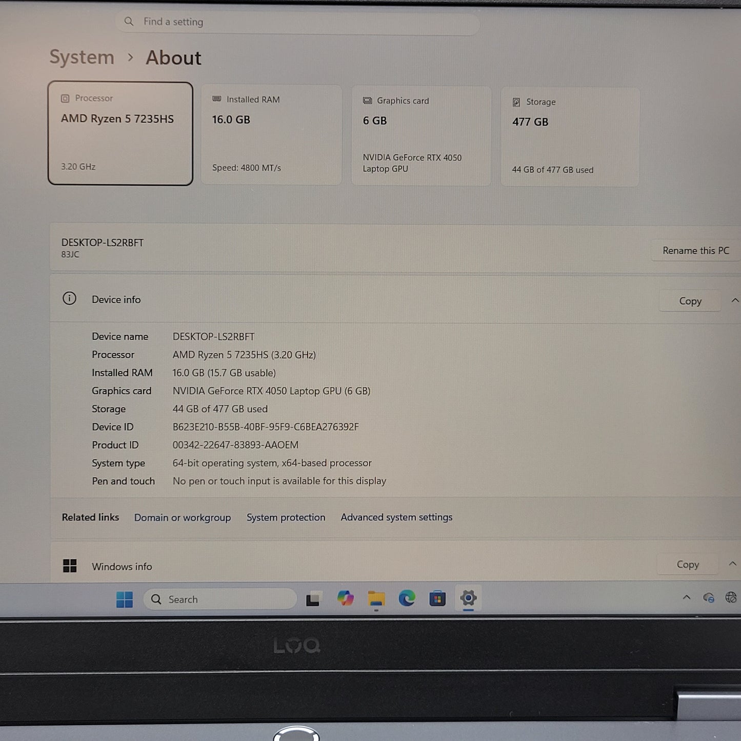 Lenovo LOQ 15 15ARP9 15.6" Ryzen 5 7235HS 3.2GHz 16GB RAM 512GB SSD RTX 4050