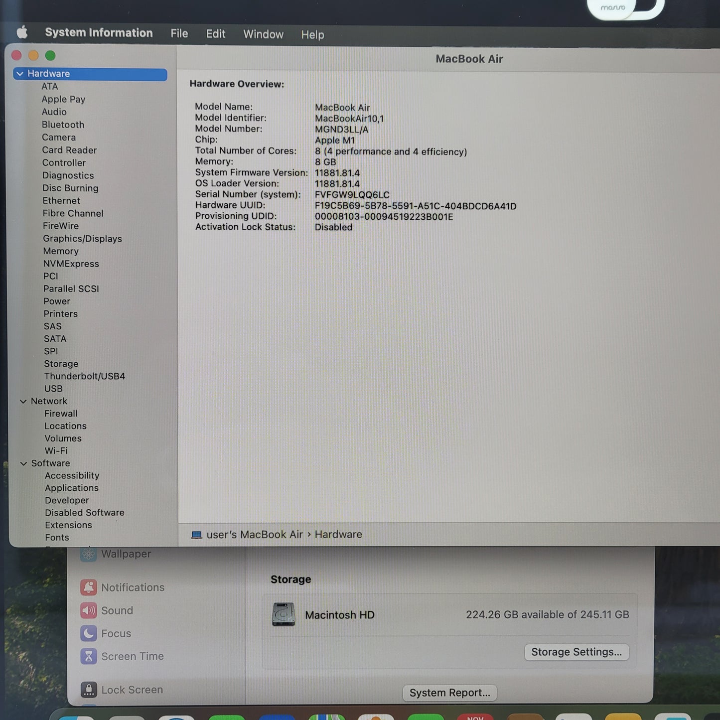 2020 Apple MacBook Air 13.3" M1 7 Core 3.2GHz 8GB RAM 256GB SSD A2337