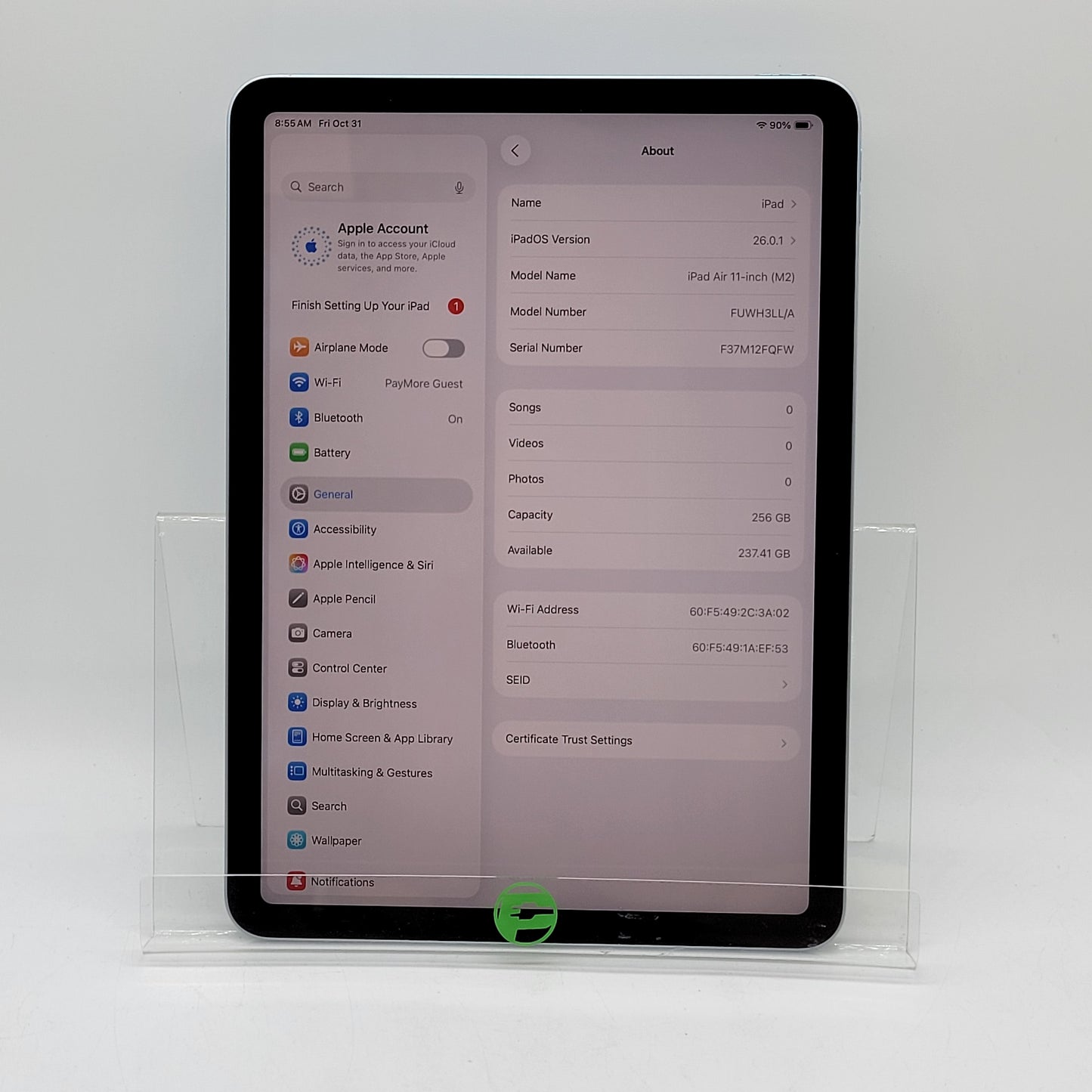 WiFi Only Apple iPad Air 11" M2 256GB Blue FUWH3LL/A