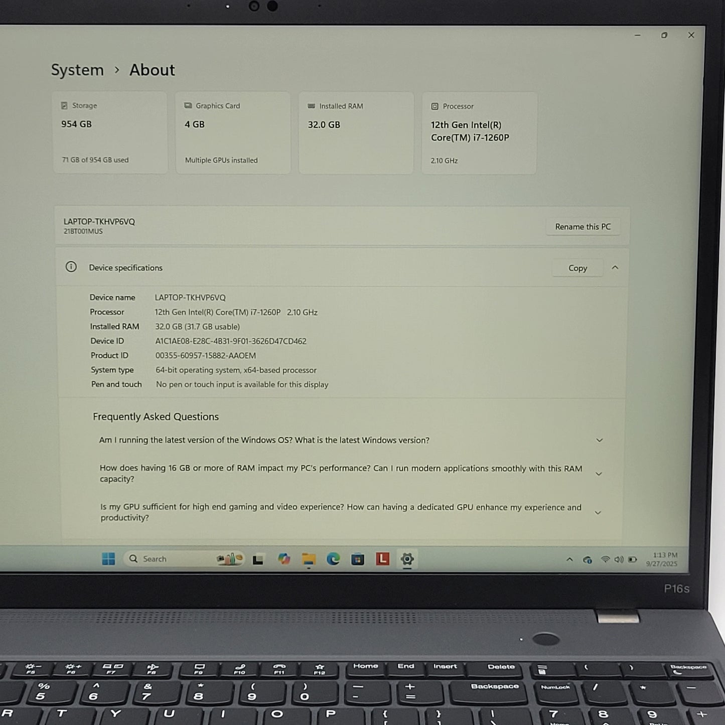 Lenovo ThinkPad P16S GEN 1 16" i7-1260P 2.1GHz 32GB RAM 1TB SSD NVIDIA T550
