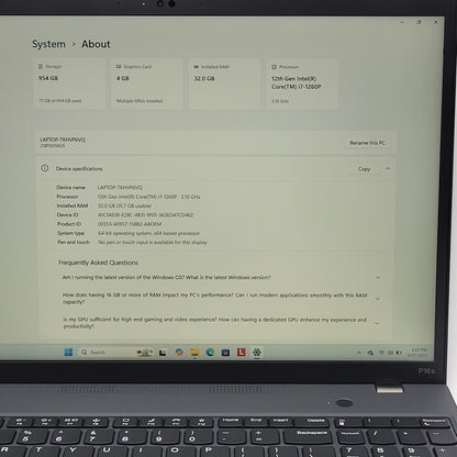 Lenovo ThinkPad P16S GEN 1 16" i7-1260P 2.1GHz 32GB RAM 1TB SSD NVIDIA T550