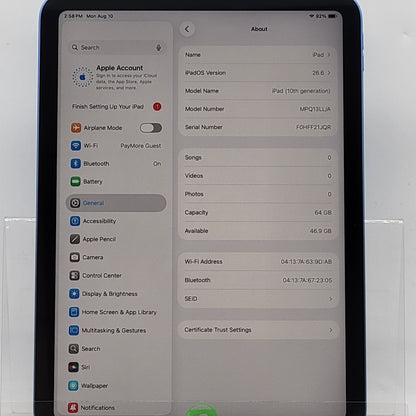 WiFi Only Apple iPad 10th Gen 64GB Blue MPQ13LL/A