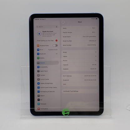 WiFi Only Apple iPad 10th Gen 64GB 26.0 Blue MPQ13LL/A Read