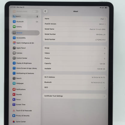WiFi Only Apple iPad Air 13" M4 128GB Space Gray MH5N4LL/A