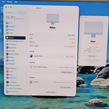 2021 Apple iMac 24" M1 8 Core 3.2GHz 8GB RAM 256GB SSD Blue A2438