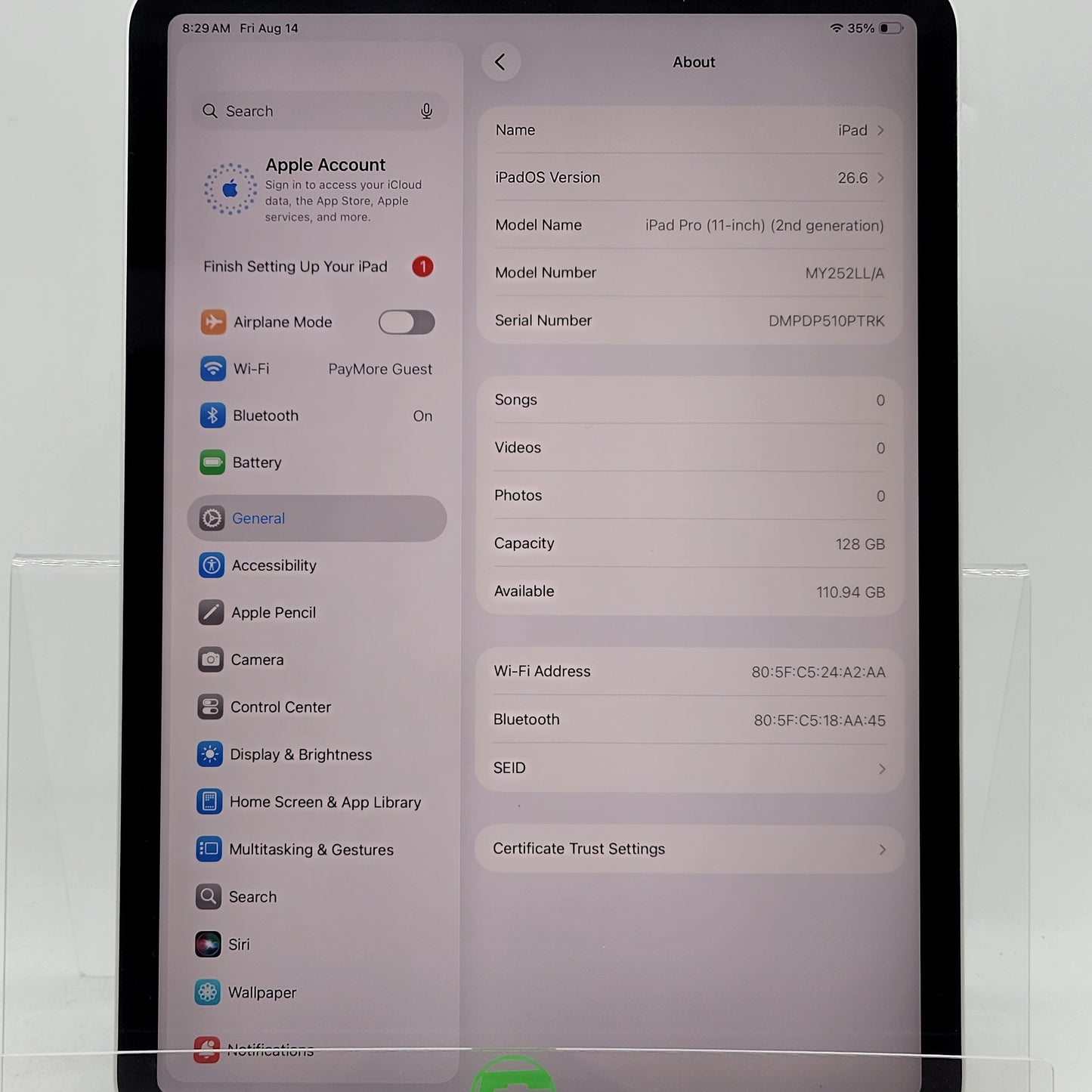 WiFi Only Apple iPad Pro 11" 2nd Gen 128GB Silver MY252LL/A