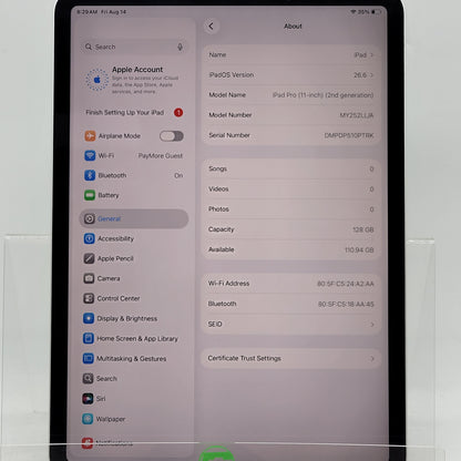 WiFi Only Apple iPad Pro 11" 2nd Gen 128GB Silver MY252LL/A
