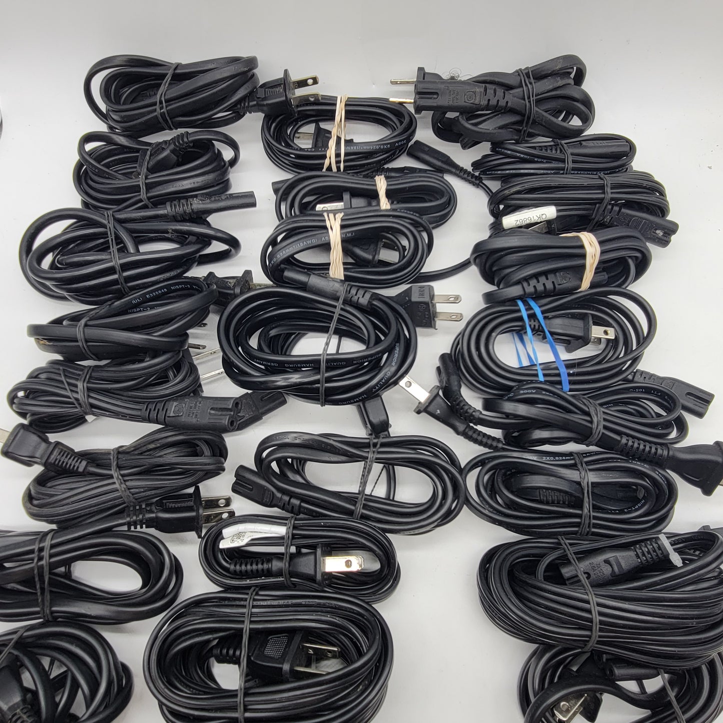 Lot of 30 Generic Two-Prong AC Power Cord Cables Various Lengths