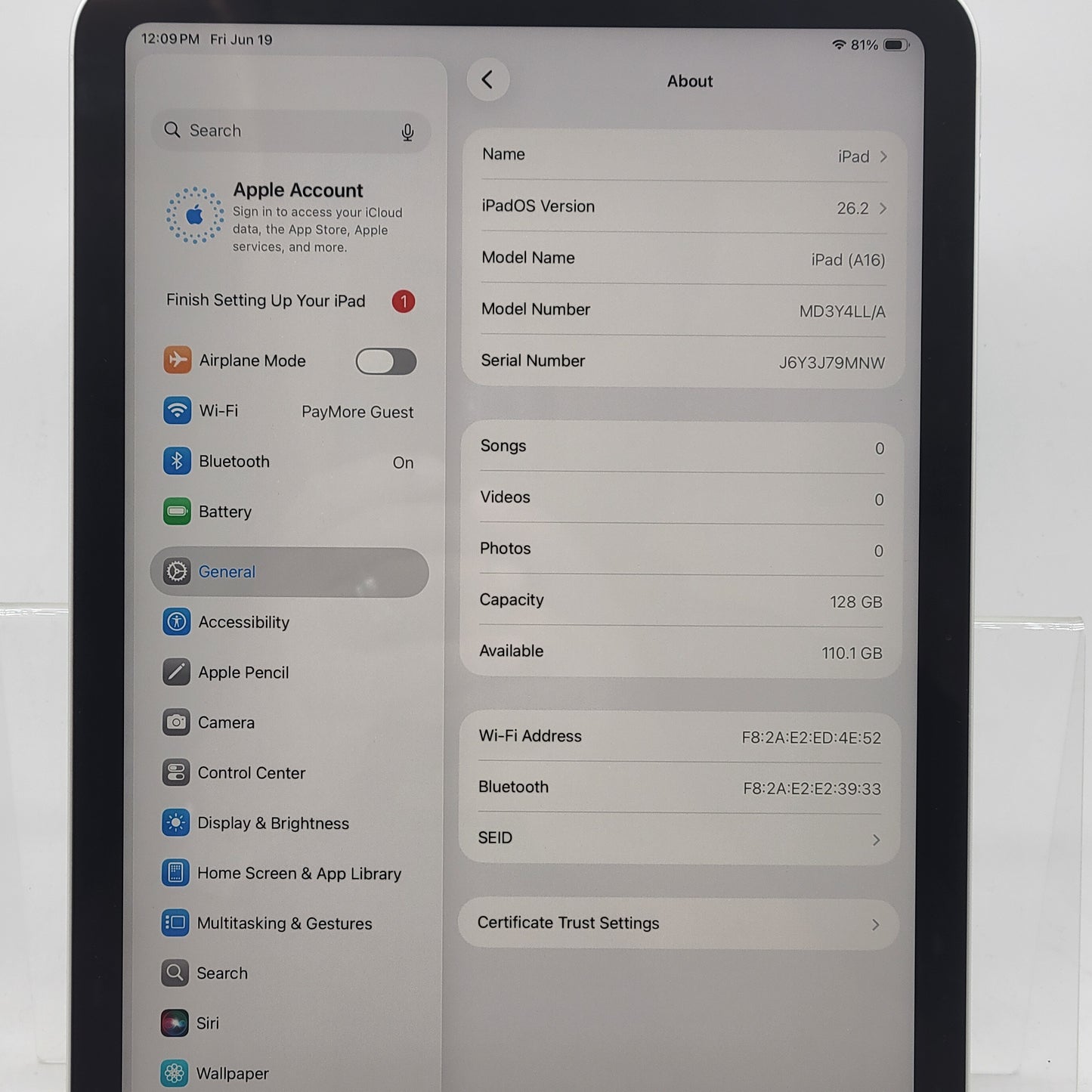 WiFi Only Apple iPad 11" (A16) 128GB Silver MD3Y4LL/A