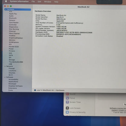 2024 Apple MacBook Air 13.6" M3 8C GPU 4.0GHz 8GB RAM 256GB SSD A3113