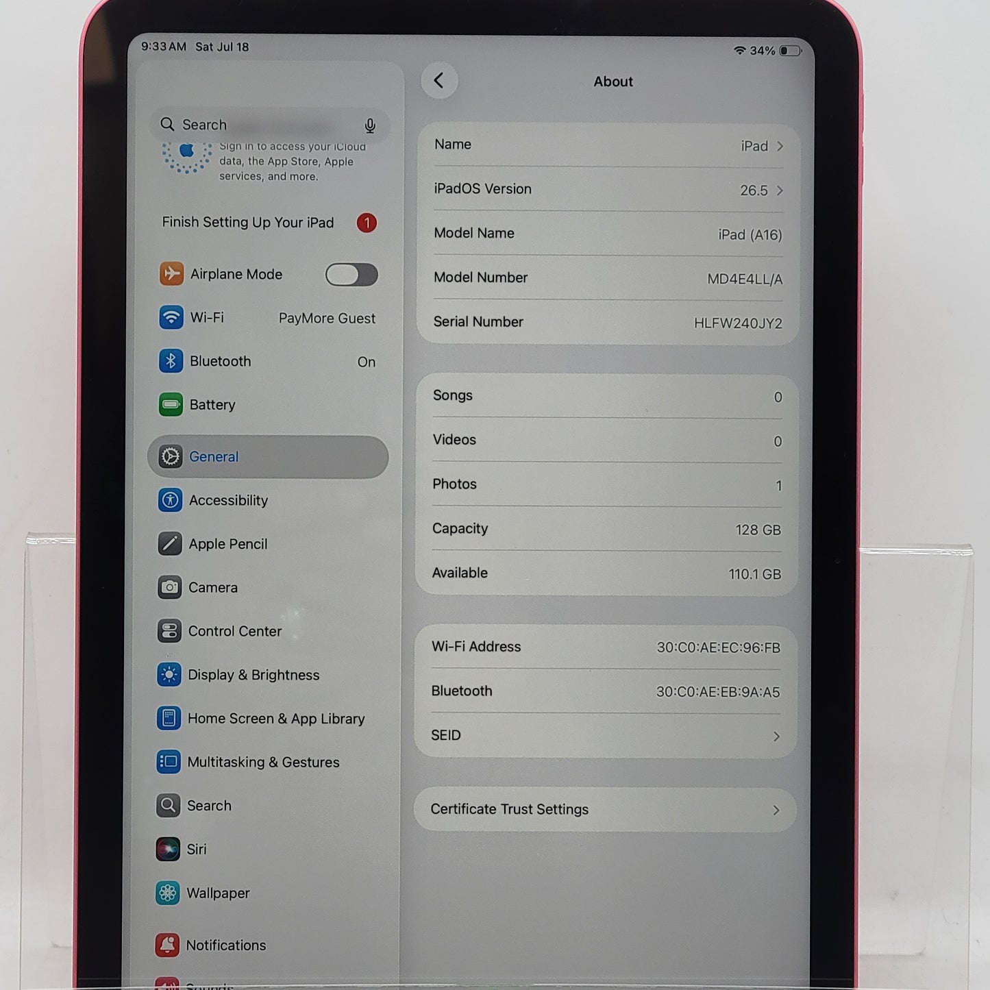 WiFi Only Apple iPad 11" (A16) 128GB Pink MD4E4LL/A