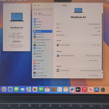 2024 Apple MacBook Air 13.6" M3 8C GPU 4.0GHz 8GB RAM 256GB SSD A3113