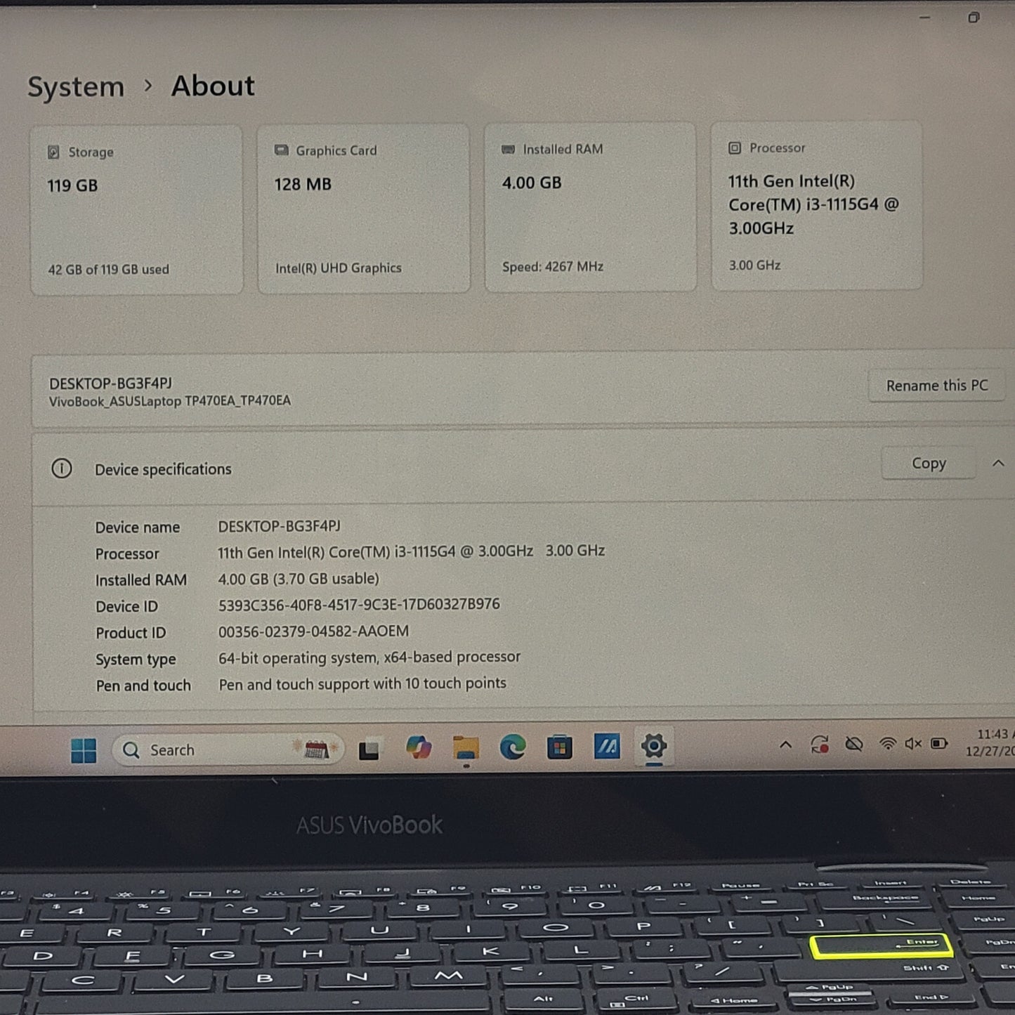 Asus vivobook Flip 14 12M 14" i3-1115G4 3.0GHz 4GB RAM 128GB SSD