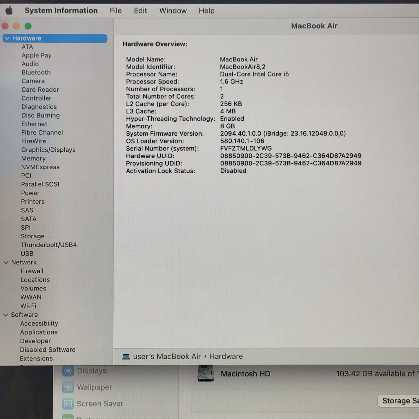 2019 Apple MacBook Air 13.3" i5 1.6GHz 8GB RAM 128GB SSD Space Gray A1932
